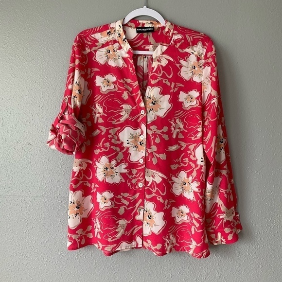 Karl Lagerfeld Blouse coral with floral print long sleeve size Large T177 - Picture 2 of 11